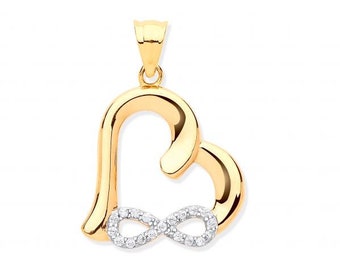 9ct Yellow Gold Pave Cz Infinity Link Heart Charm Pendant - Real 9K Gold