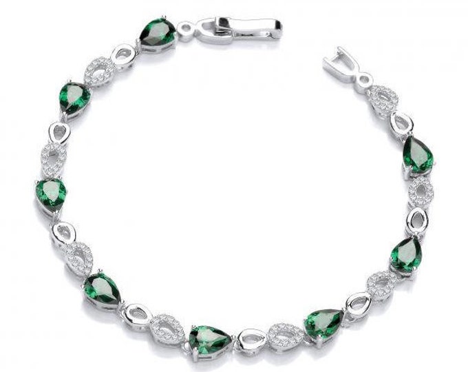 Emerald Green Cz Teardrop & Micro Pave Link 7" Bracelet 925 Sterling Silver