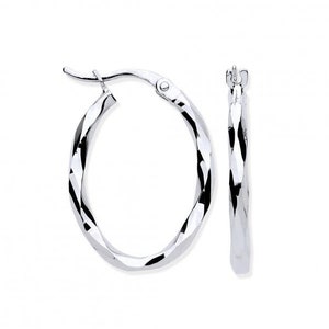 9ct White Gold Oval Faceted Hoop Earrings 20mm x 15mm - Real 9K Gold