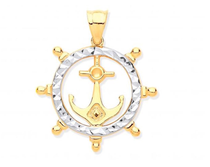 9ct 2 Colour Gold 1.9cm Nautical Ship's Wheel & Anchor Charm Pendant - Real 9K Gold