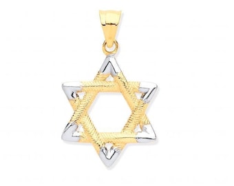 9ct 2 Colour Gold 1.5cm Rope Embossed Pattern Star of David Pendant - Real 9K Gold