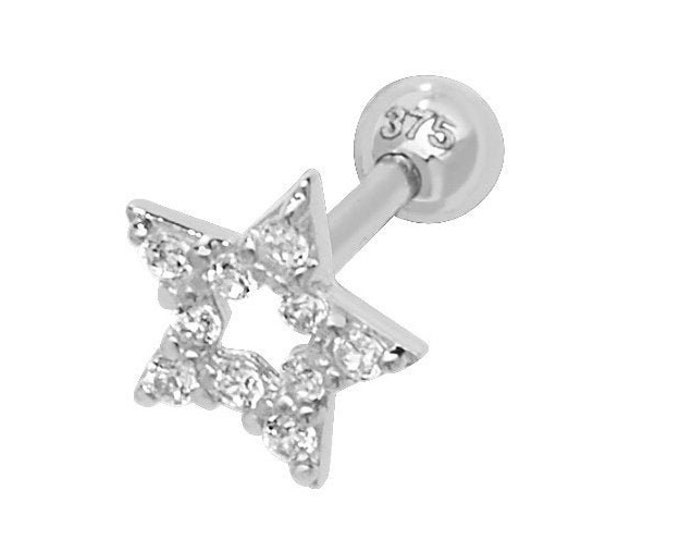 9k White Gold 8.5mm Post Pave Cz Cut Out Star Helix Cartilage SINGLE Stud Screw Back Earring - Real 9K Gold