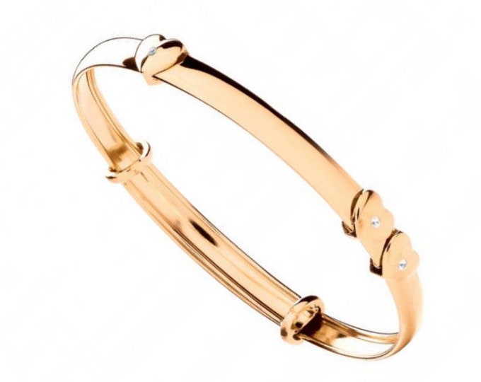 Child's 9ct Yellow Gold & Cz Expandable Floating Heart Baby Bangle Hallmarked - Real 9K Gold