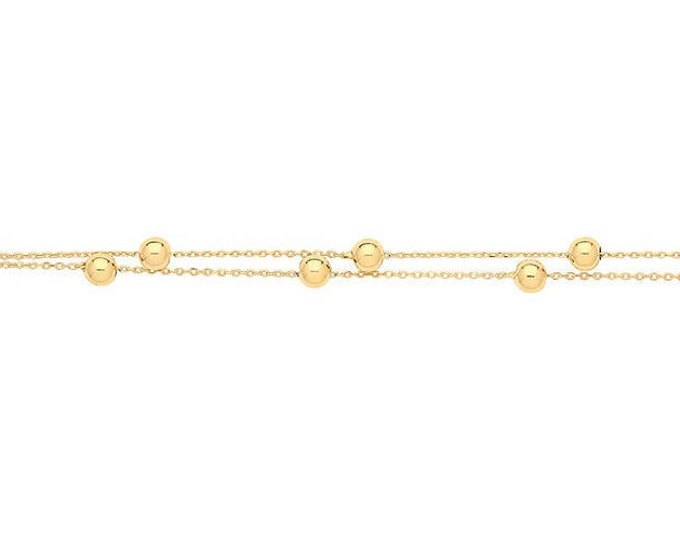 Ladies 9ct Yellow Gold 2 Strand 7.2" Beaded Bracelet Hallmarked - Real 9K Gold