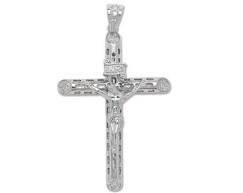 Large 925 Sterling Silver Cz Round Tube Crucifix Pendant 8x5cm Hallmarked