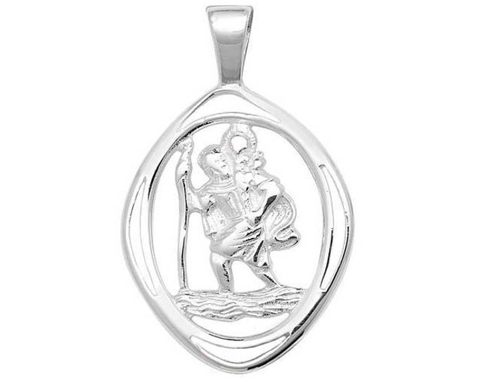 Sterling Silver Cut Out Oval St Christopher Medallion Charm Pendant