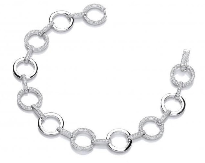 Rhodium Plated 925 Sterling Silver Micro Pave Circle of Life Link 7" Bracelet