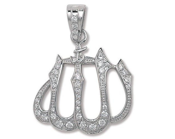 Large 925 Sterling Silver Arabic Allah Cz Pendant 35x30mm Hallmarked