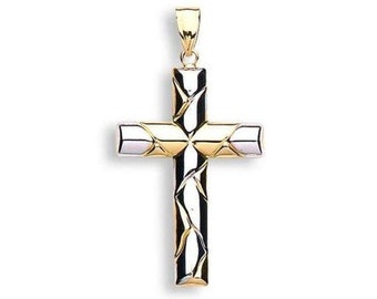 Modern 9ct 2 Colour Yellow & White Gold Crucifix Cross Pendant Hallmarked - Real 9K Gold