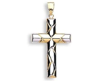 Modern 9ct 2 Colour Yellow & White Gold Crucifix Cross Pendant Hallmarked - Real 9K Gold