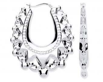 Large 4cm Oval Creole Spike Hollow Hoop Earrings 925 Sterling Silver