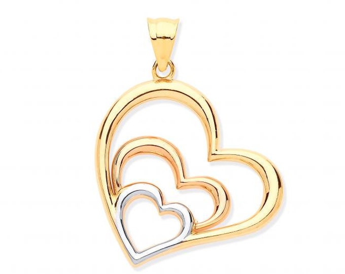 9ct Yellow Rose White Gold 2.6cm Trilogy Heart Charm Pendant - Real 9K Gold