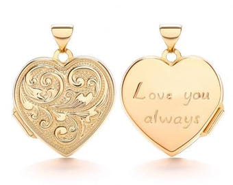 Love You Always 9ct Yellow Gold 1.8cm Heart Shaped 2 Photo Scroll Engraved Locket - Real 9K Gold