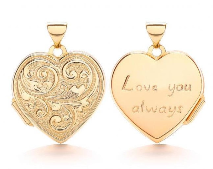 Love You Always 9ct Yellow Gold 1.8cm Heart Shaped 2 Photo Scroll Engraved Locket - Real 9K Gold