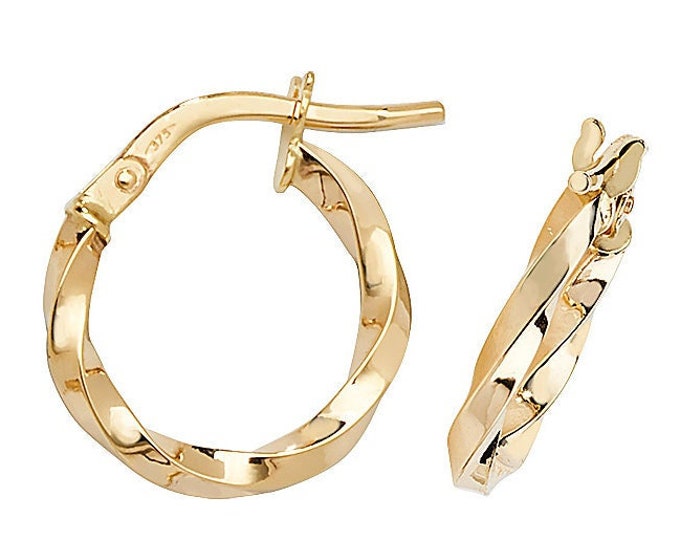 9ct Yellow Gold Plain Polished 1.4mm Twisted Tube Hoop Earrings 8mm 10mm 15mm 20mm 25mm 30mm 40mm 50mm - Real 9K Gold