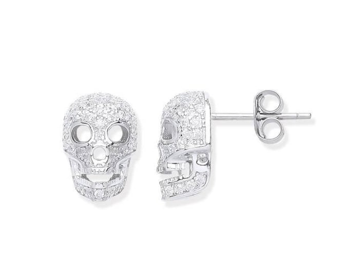 925 Sterling Silver & Micro Pave Cz Skull Stud Earrings