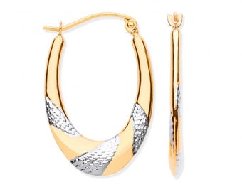 9ct 2 Colour Gold 2.5cm Diamond Cut Oval Creole Hoop Earrings - Real 9K Gold