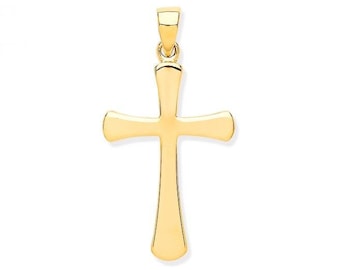 Modern 9ct Yellow Gold 3cm Plain Polished Flat Cross Pendant - Real 9K Gold