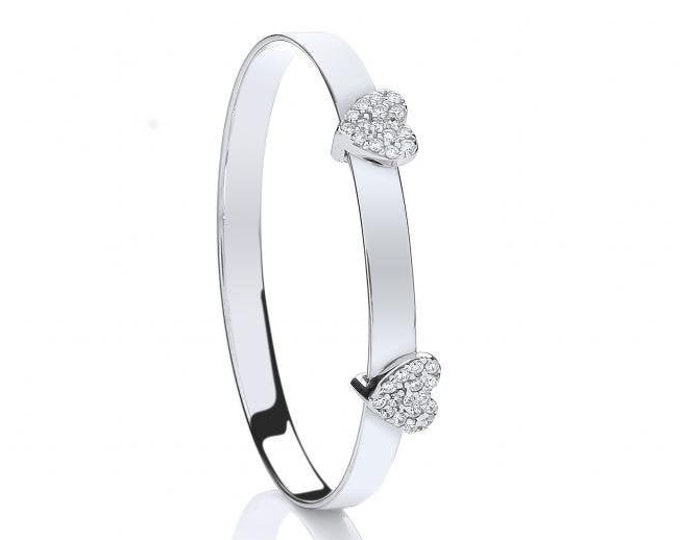 925 Sterling Silver Double Cz Heart Expandable Baby Identity Bangle