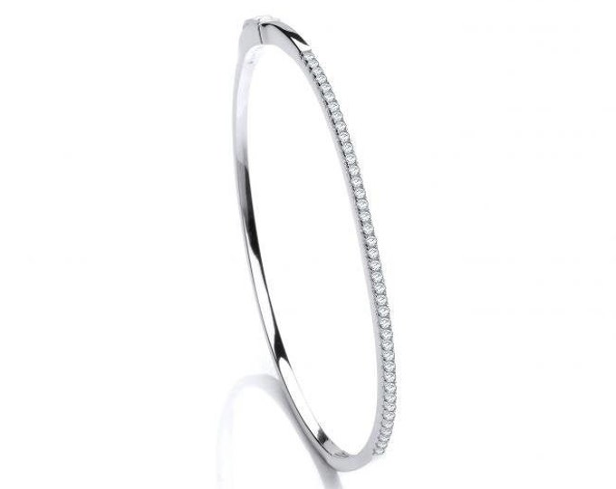 Look-of-Diamond Cz Claw Set 2mm Hinged Bangle Rhodium Plated 925 Sterling Silver