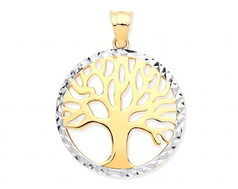 9ct 2 Colour Gold Cut Out Design 2cm Tree of Life Round Disc Charm Pendant- Real 9K Gold