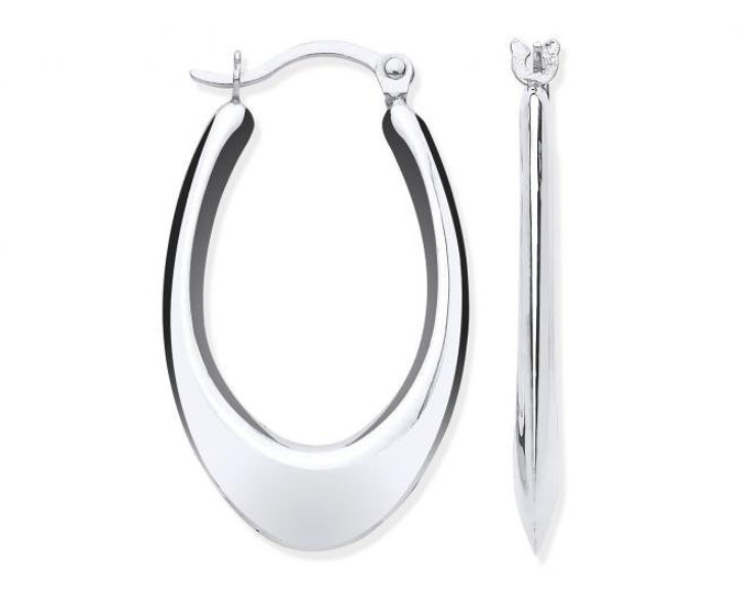 9ct White Gold 2.5cm Drop Plain Polished Oval Creole Hoop Earrings - Real 9K Gold