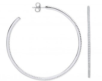 Large 925 Sterling Silver 60mm Inside Outside Micro Pave Cz Open Hoop Earrings