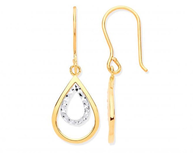 9ct 2 Colour Gold 3.3cm Diamond Cut Teardrop Pear Hook Earrings - Real 9K Gold