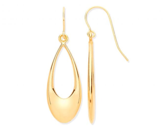 9ct Yellow Gold 3.5cm Open Teardrop Pear Fish Hook Earrings - Real 9K Gold