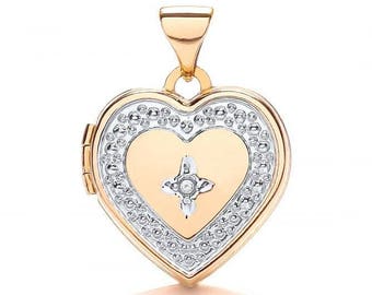 Small 9ct 2 Colour Gold Heart Shaped 2 Photo Locket Set With Single Diamond Hallmarked - Real 9K Gold