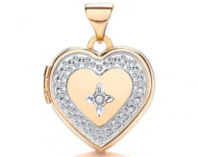 Small 9ct 2 Colour Gold Heart Shaped 2 Photo Locket Set With Single Diamond Hallmarked - Real 9K Gold