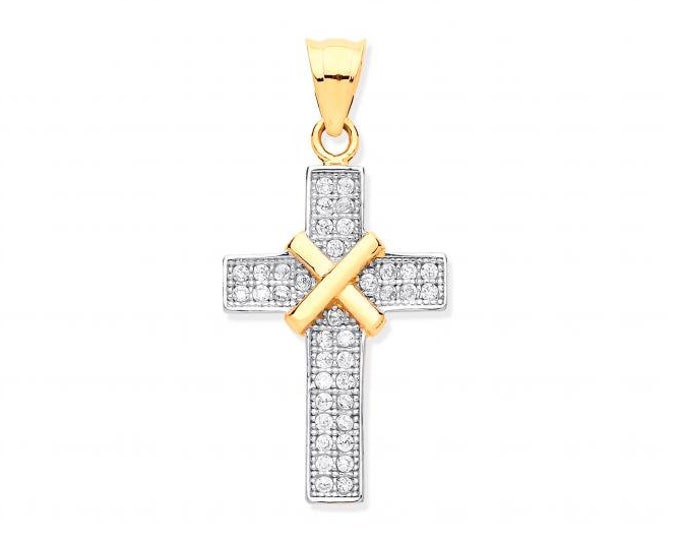 9ct Yellow Gold 2.5cm Micro Pave Cz Kiss Cross Pendant Hallmarked - Real 9K Gold