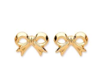 9ct Yellow Gold Pretty Ribbon Bow Stud Earrings- Real 9K Gold