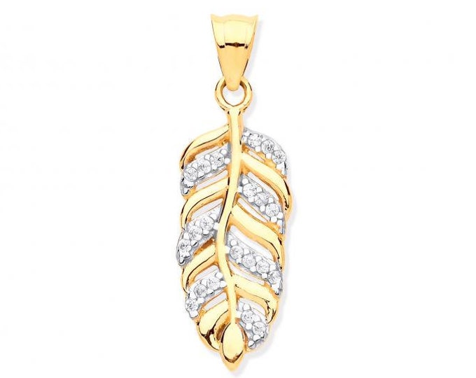 9ct Yellow Gold 2.5cm Pave Cz Feather Leaf Charm Pendant - Real 9K Gold