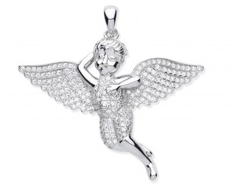 Flying Cherub Pendant 3.5cm With Micro Pave Set Cz Wings 925 Sterling Silver