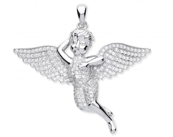 Flying Cherub Pendant 3.5cm With Micro Pave Set Cz Wings 925 Sterling Silver