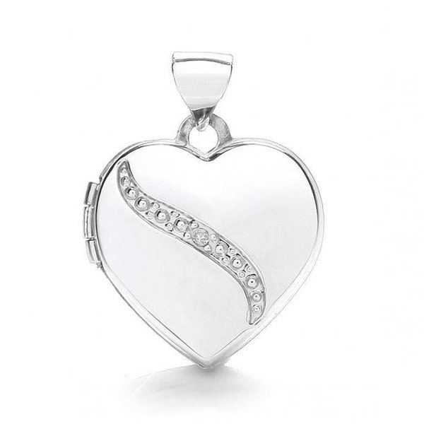 Small 9ct White Gold Heart Shaped 2 Photo Locket Set With Single Diamond Hallmarked - Real 9K Gold
