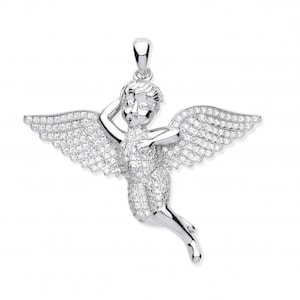 Flying Cherub Pendant 3.5cm With Micro Pave Set Cz Wings 925 Sterling Silver