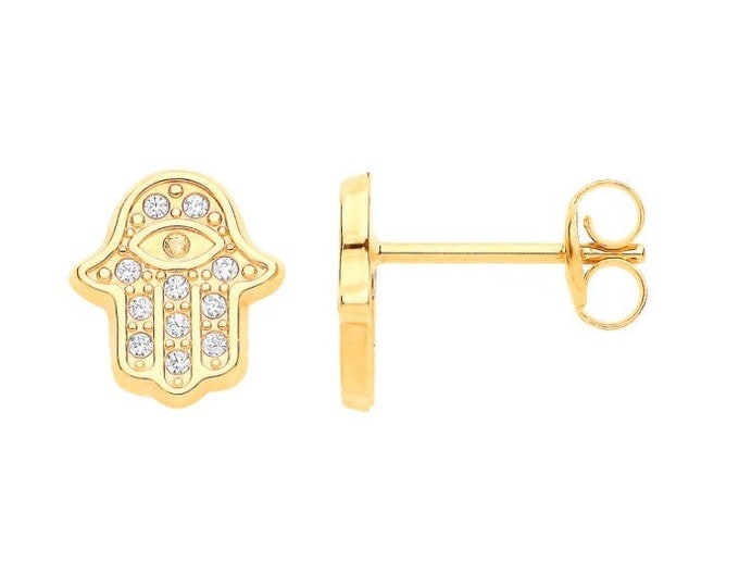 9ct Yellow Gold Small 8x7mm Hamsa Hand Cz Stud Earrings - Real 9K Gold