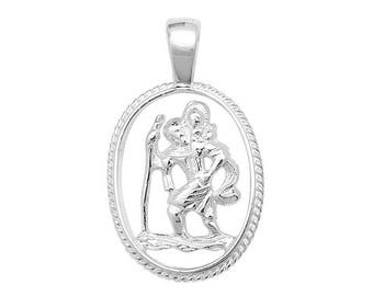 Sterling Silver Cut Out Oval St Christopher Medallion Charm Pendant