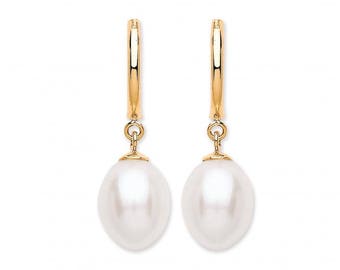 9ct Yellow Gold Oval Shaped Freshwater Pearl Drop Earrings - Real 9K Gold