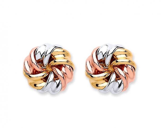 9ct Tri Colour Rose White & Yellow Gold 7mm Twisted Ribbon Knot Stud Earrings - Real 9K Gold