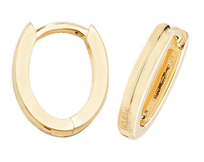 9ct Yellow Gold 10x8mm Plain D Shaped Hinged Oval Hoop Earrings - Real 9K Gold