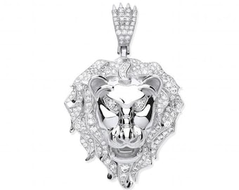 925 Sterling Silver 5cm Micro Pave Cz Lion Head Pendant Hallmarked