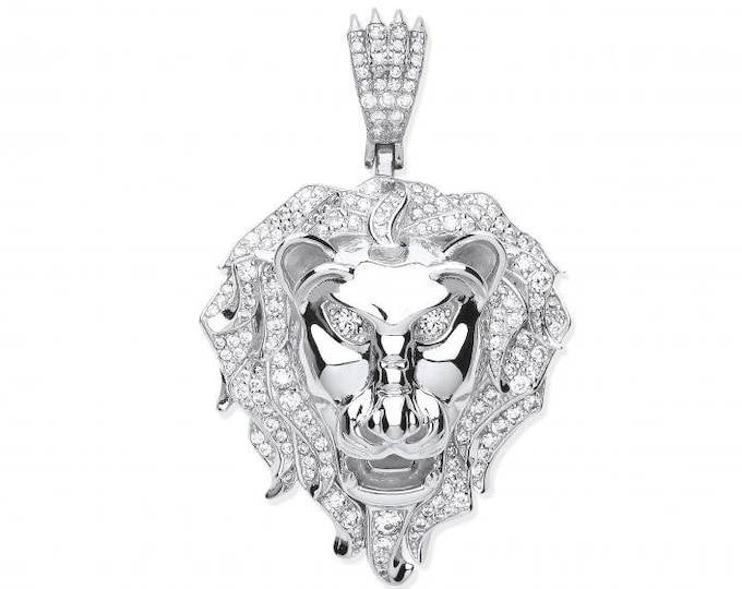 925 Sterling Silver 5cm Micro Pave Cz Lion Head Pendant Hallmarked