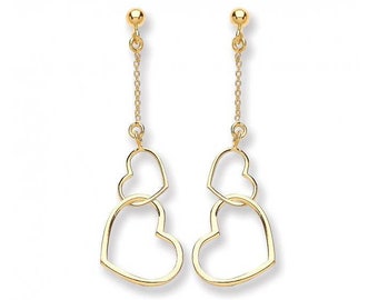 9ct Yellow Gold Double Open Heart Link Drop Earrings - Real 9K Gold