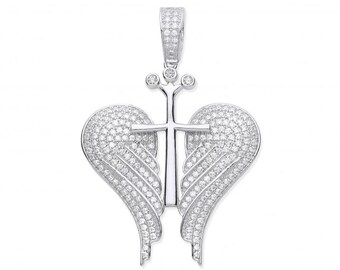 Angel Wings with Royal Cross Pendant 4.5cm Micro Pave Set Cz Wings 925 Sterling Silver
