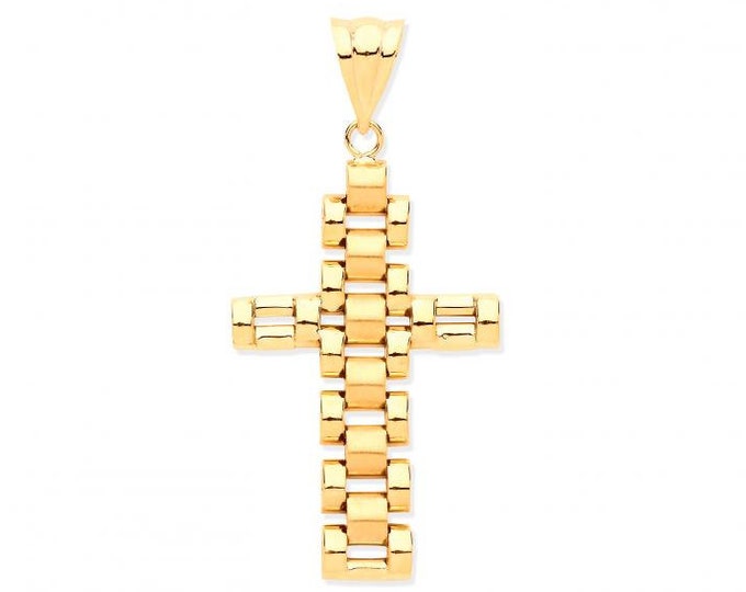 Modern 9ct Yellow Gold Watch Strap Link Design Cross Pendant Hallmarked - Real 9K Gold