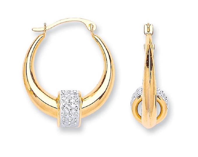 9ct Gold 15mm Hoop Earrings With Suspended Pave Cz Bead - Real 9K Gold