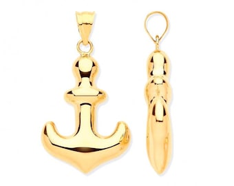 Modern 9ct Yellow Gold 2.7cm Nautical Anchor Hollow Charm Pendant - Real 9K Gold